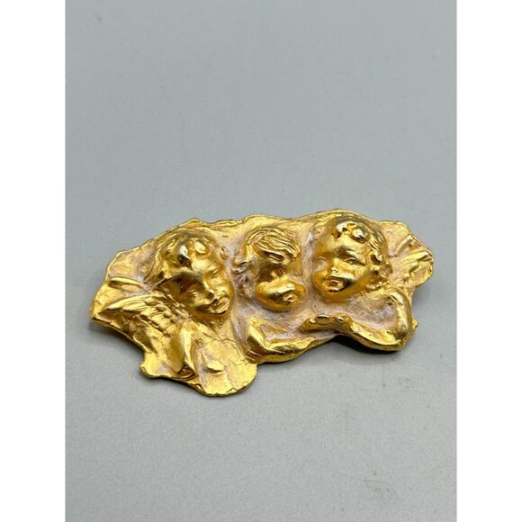 Vintage Pin Brooch La Rage Three Angels Cherubs in Clouds Gold Tone Angel Wings - Picture 8 of 9